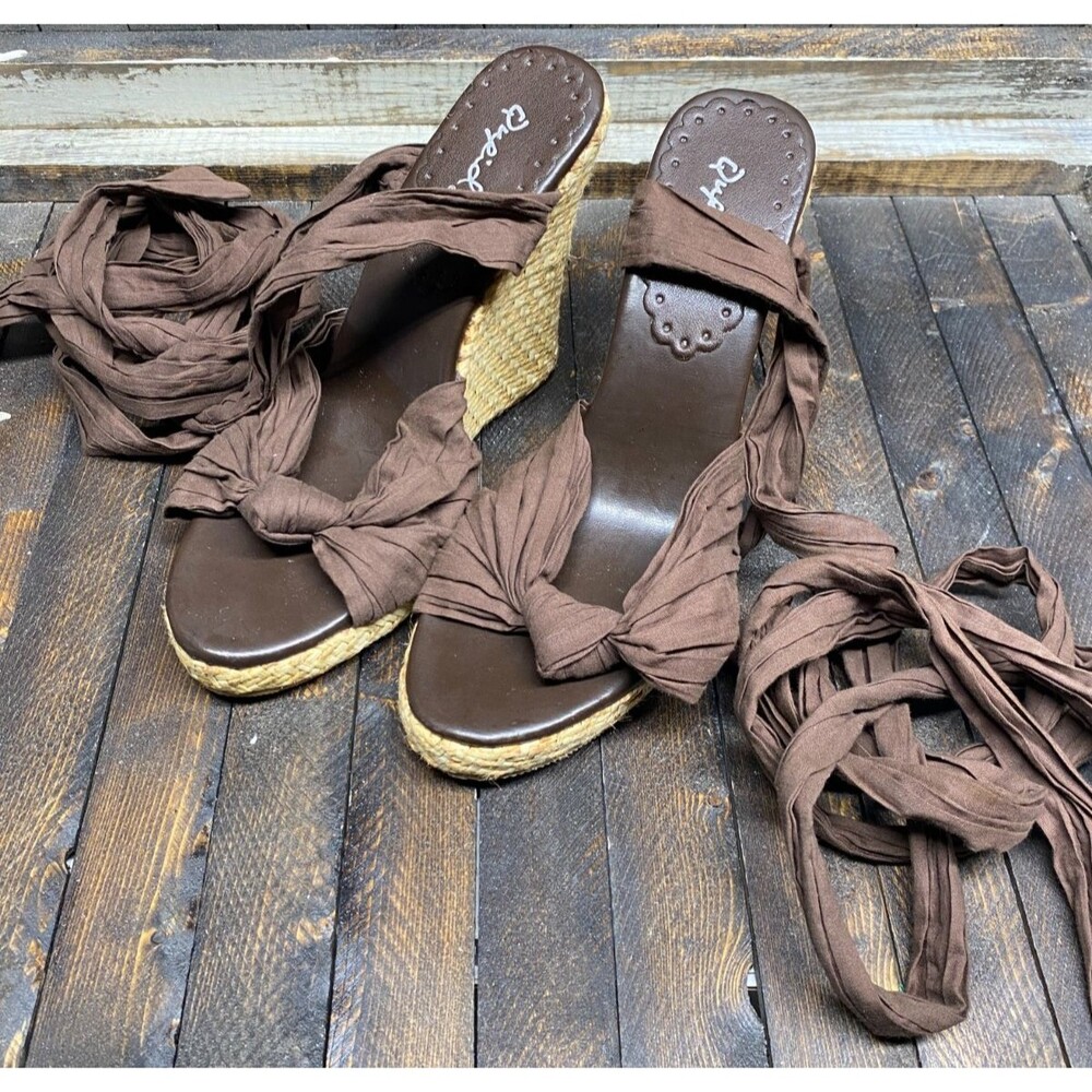 Qupid Women's Sz 7  Brown Tie Up Open Toe Boho Style Jute Wedge Heel Shoes